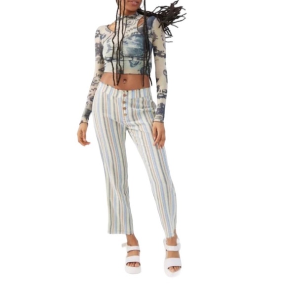 UO Anya Yarn-Dyed Trouser Pant Blue Multi Size 8 - Picture 2 of 4